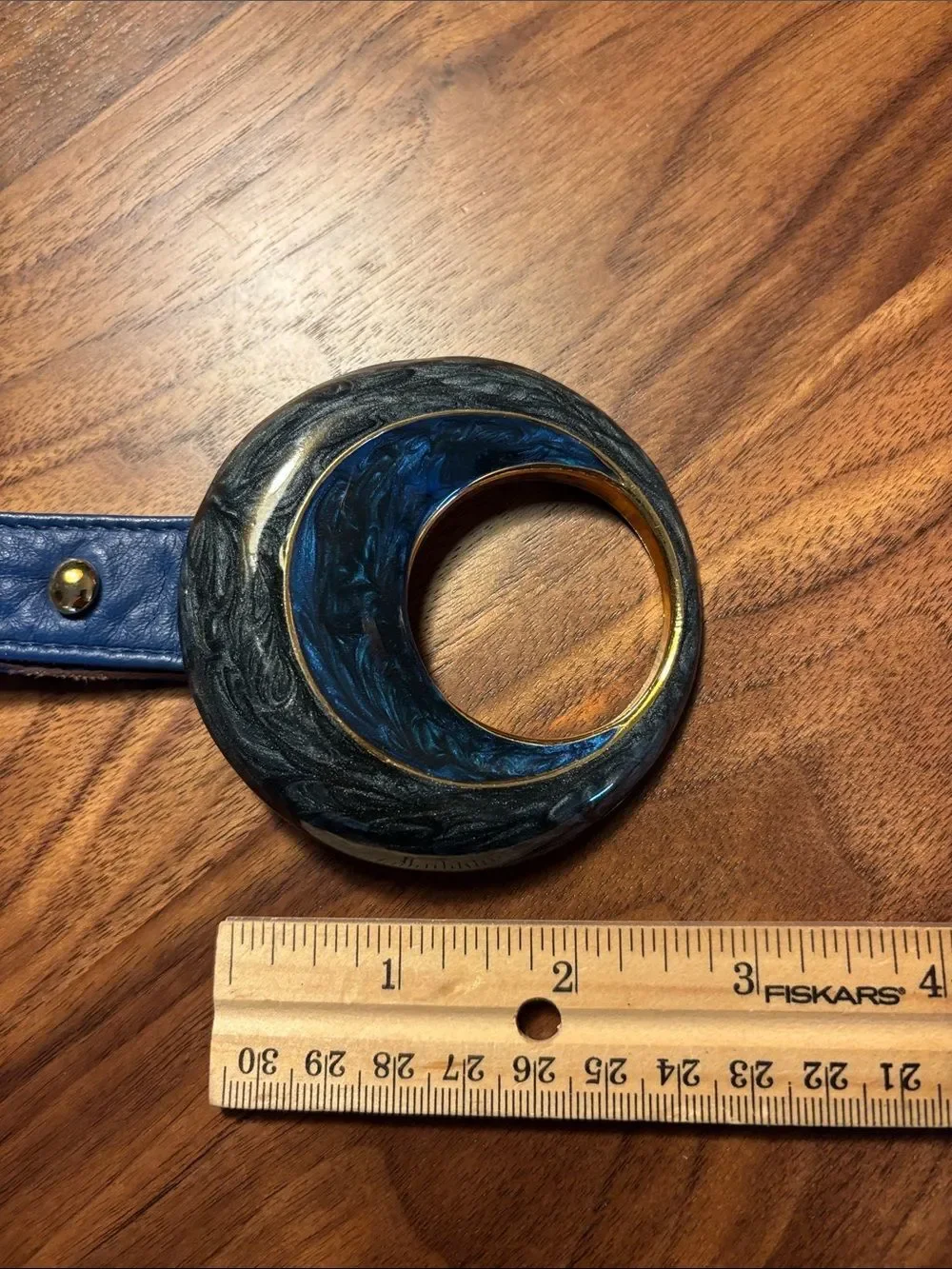 Vintage Alexis Kirk Blue Statement Belt with Round Gold and Blue Swirl Buckle
